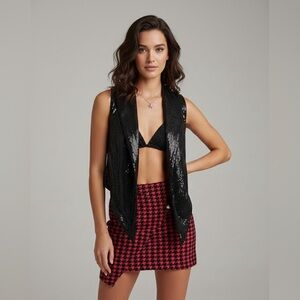 Black Sequin Vest and Red Houndstooth Skirt